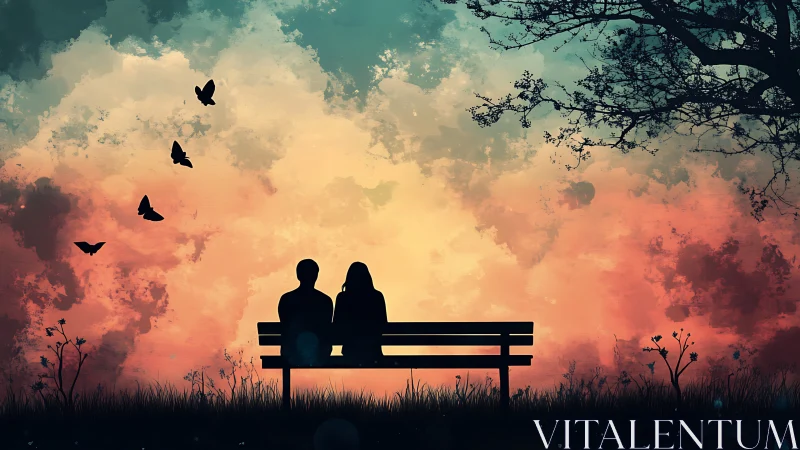 Silhouetted Couple Seated on Bench Against Dramatic Sunset Sky