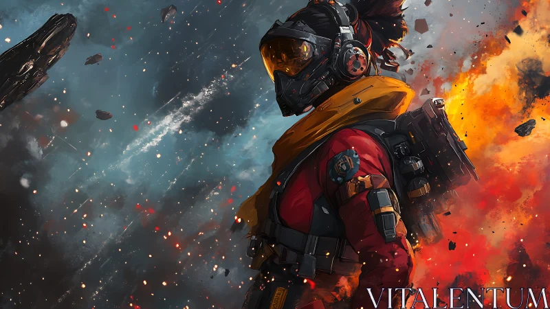 Armored space explorer stands amid debris and explosion