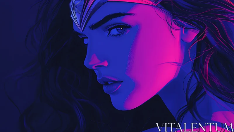 Neon warrior portrait glows in electric magenta and blue.