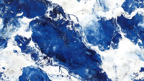 Abstract blue and white fluid art painting with marbled texture.