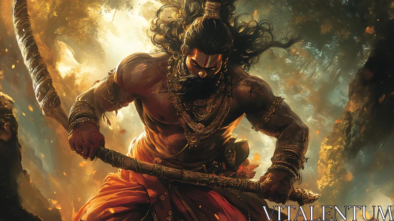 Warrior demigod ignites a forest battlefield with divine rage.