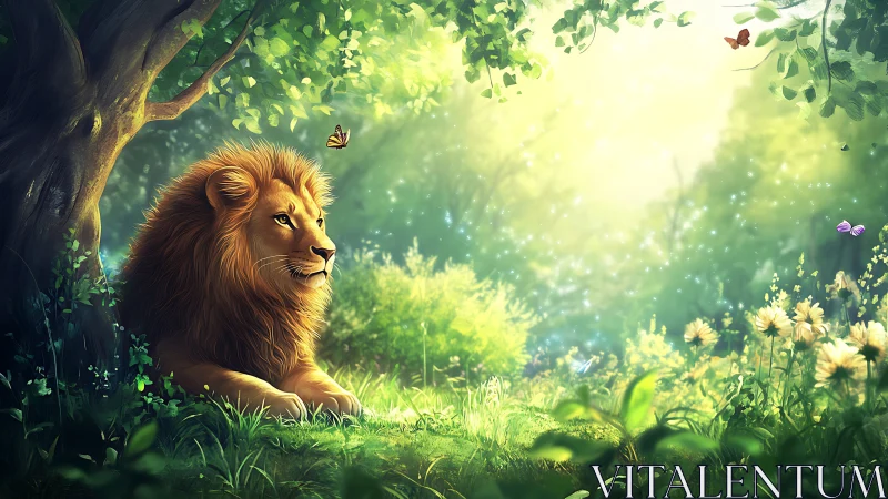 Calm lion resting in bright forest clearing at sunrise.