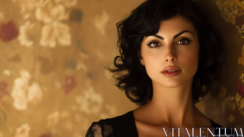 Velvet gaze beneath vintage florals in golden evening light.