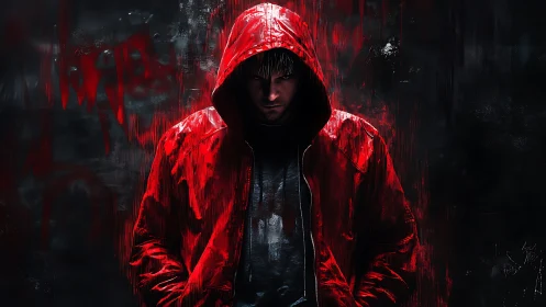 Hooded figure in red jacket rendered with high contrast chiaroscuro lighting