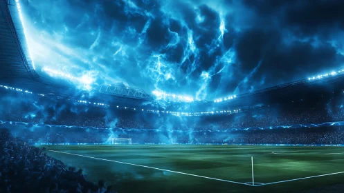 Cinematic night stadium under electric stormlight atmosphere.