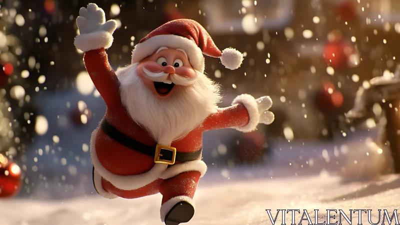 Cheerful cartoon Santa runs through snowy Christmas street