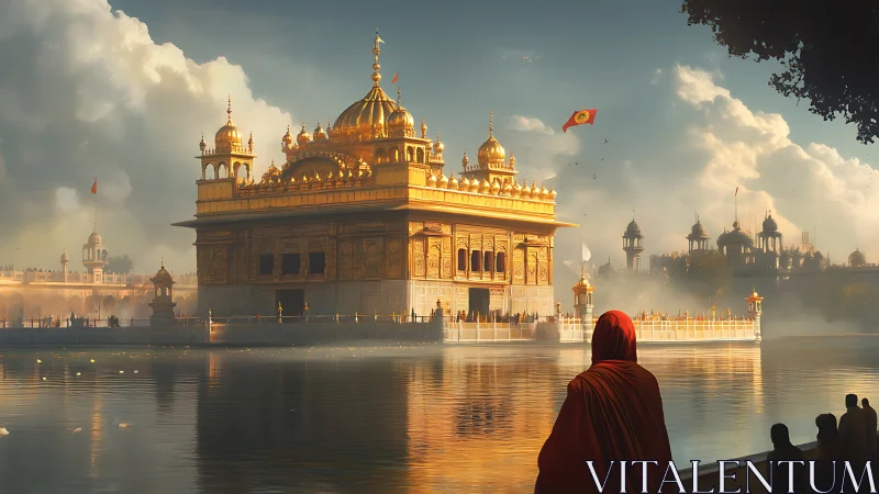 Golden temple pavilion at sunrise over reflective waters.