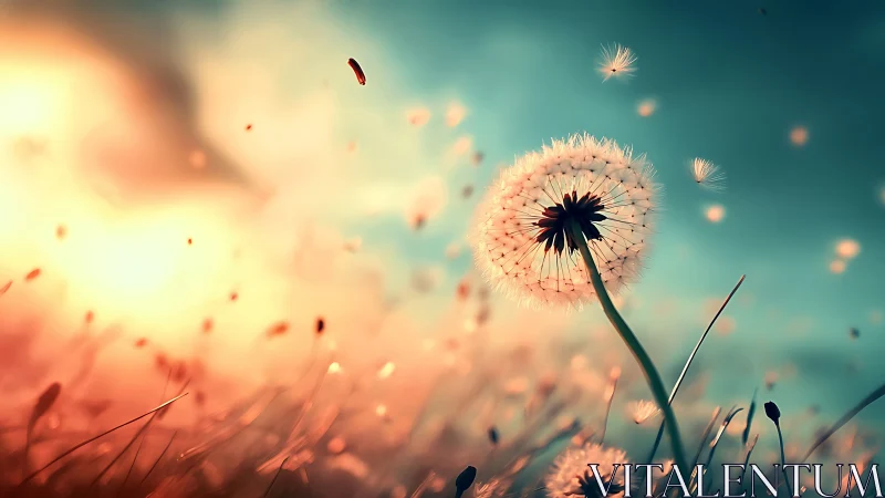 Dandelion seeds drift through glowing sunset meadow.