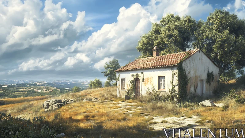 Sunlit rural cottage under volumetric clouds and olive trees.
