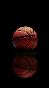 Basketball rests on reflective surface under controlled lighting