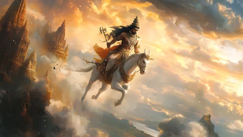 Warrior deity on white horse amid golden sky temples.