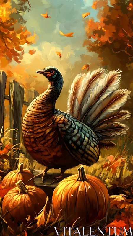 Autumn monarch turkey amid pumpkins and swirling gold leaves.