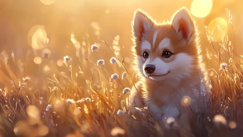 Golden meadow puppy resting in soft evening sunlight.