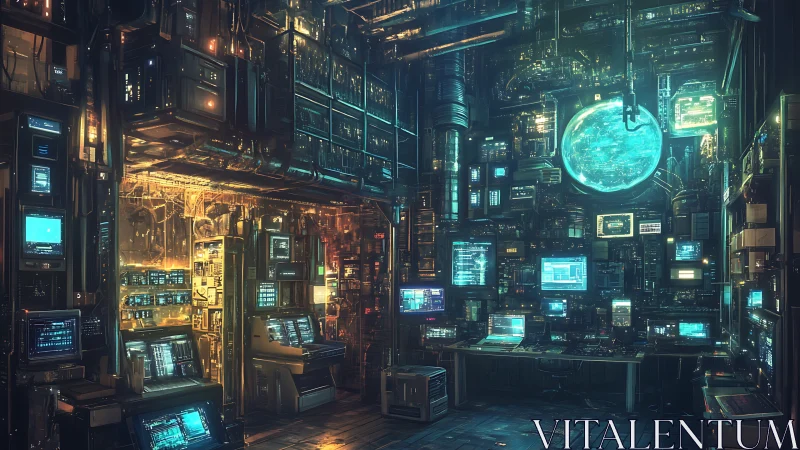 Neon data-core laboratory in dense cybernetic control vault.