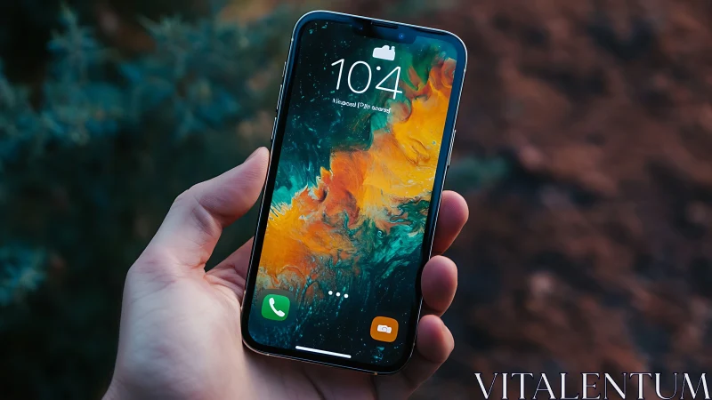 Modern smartphone displaying vibrant abstract wallpaper at 10:4 timestamp