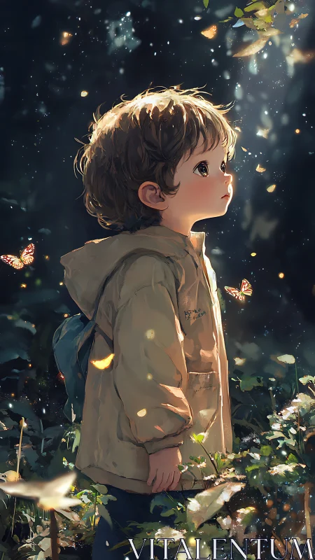 Young child in forest glow observing fluttering butterflies.
