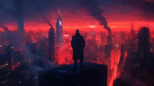 Lone figure studies a burning cyberpunk city at blood-red dusk