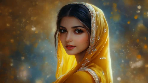 Digital portrait of woman in yellow embroidered headscarf.