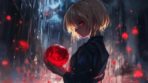 Blond anime figure holds glowing red orb in dark alley