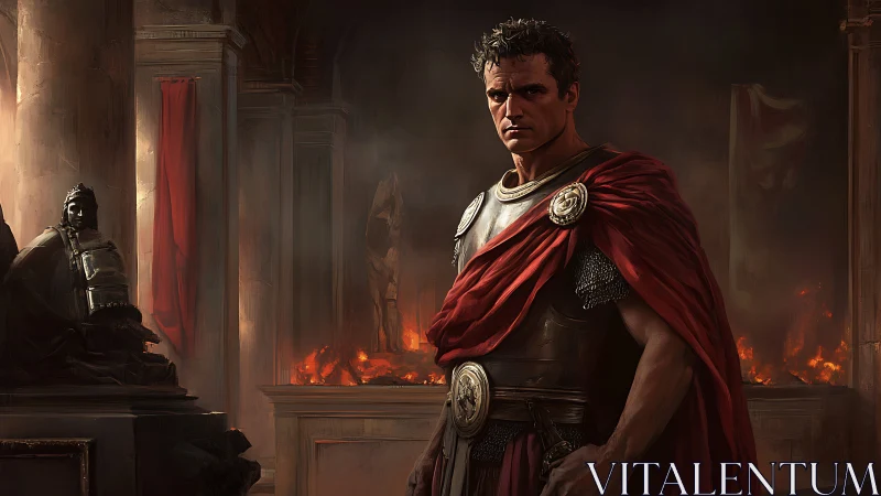 Roman general stands amid burning hall in brooding silence