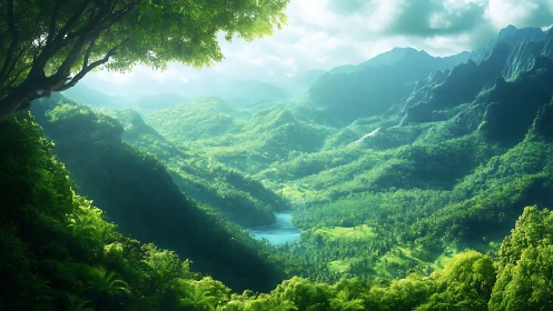 Emerald Valley with Cascading Mountains and Serene River.