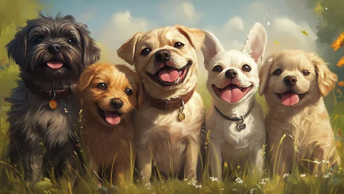 Smiling puppies line sit in sunlit meadow portrait.