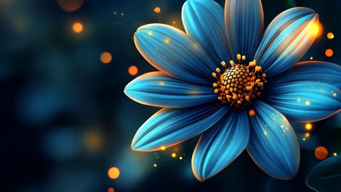 Glowing Blue Flower with Golden Light Accents
