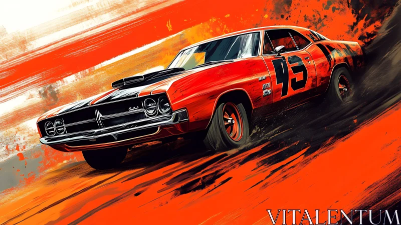 Retro stock car drifting through abstract orange race dust