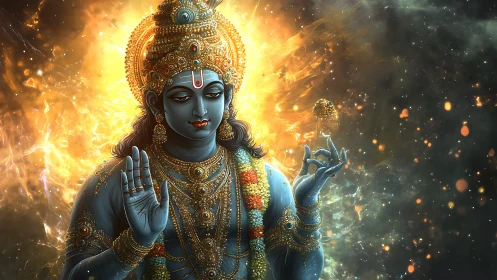 Divine blue deity rendered with high dynamic range cosmic aura