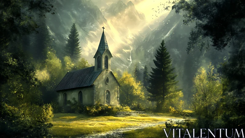 Sunlit alpine chapel in dense conifer forest with misty peaks