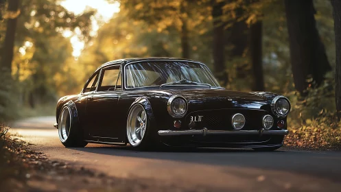 Midnight classic coupe prowls through autumn forest light.