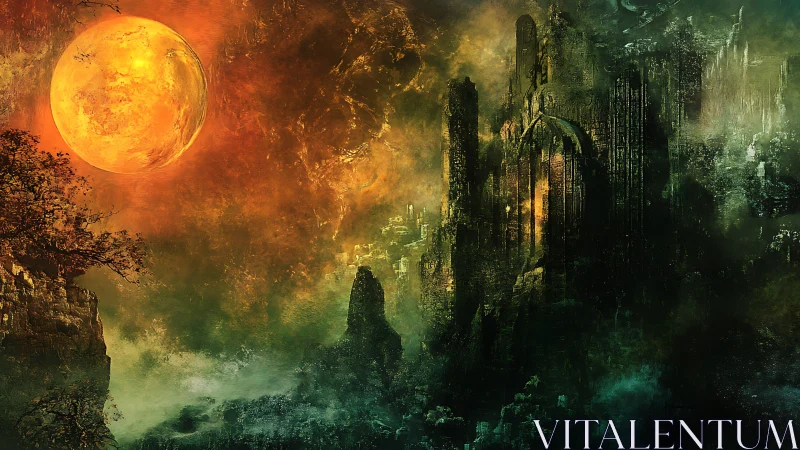 Burning moon above dark ruined fortress in misty valley.