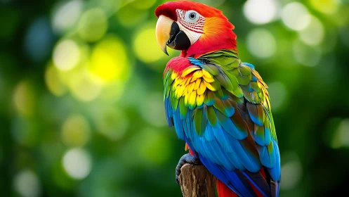 Vibrant Scarlet Macaw on Branch in Sunlit Nature, Realistic Photo.