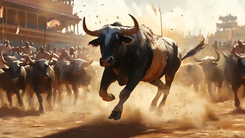 Thundering bull charge through a sunlit festival arena.