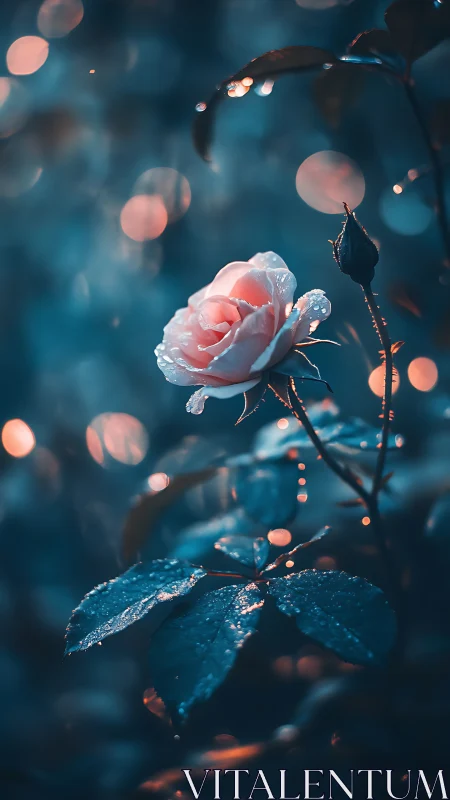 Rose in dusky bokeh light glows with dewy blue contrast.