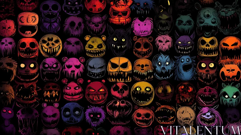Grid of monstrous neon masks in stylized horror illustration.