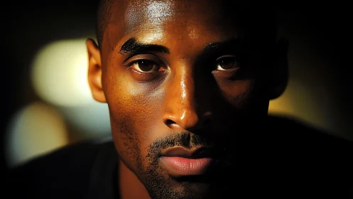 Intense low-key portrait with dramatic frontal spotlighting.