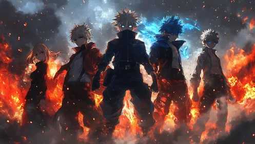 Five anime figures in front of flames with glowing eyes.