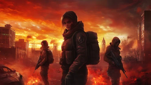 Postapocalyptic squad crossing burning urban ruins at dusk.