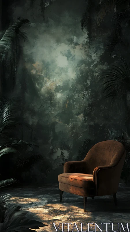 Velvet lounge chair in moody botanical interior with dappled light