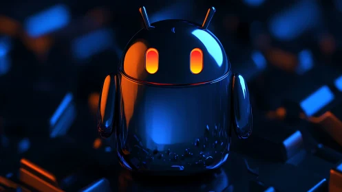 Chrome robot mascot glows in neon blue orange light.