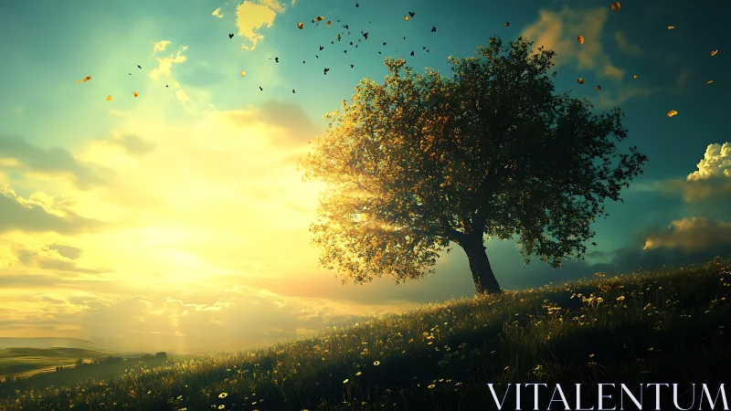 Sun-drenched hillside tree leans into a whirlwind of glowing leaves