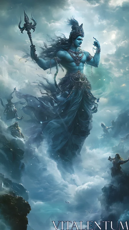 Colossal blue deity towering above storm-tossed cloud cliffs