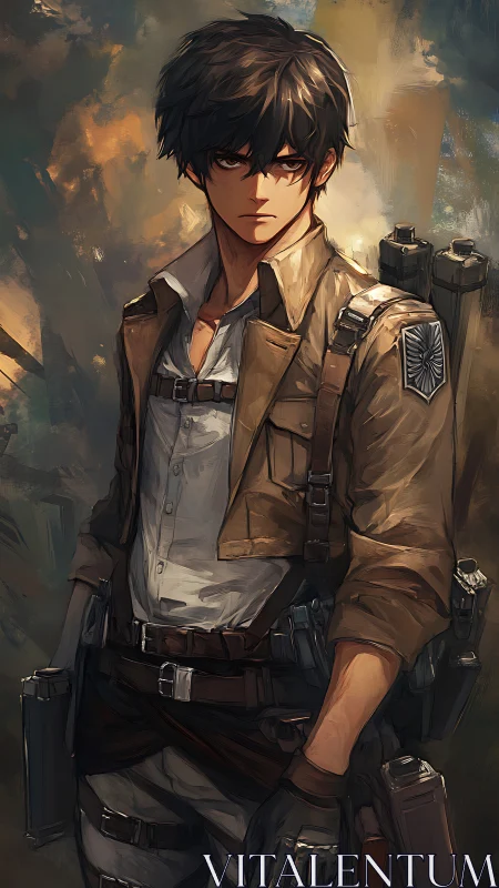 Brooding scout soldier in weathered tactical harness portrait.