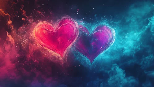 Two luminous hearts emerge from contrasting energy fields.