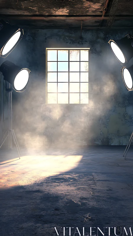 Industrial room with window light and stage spotlights.