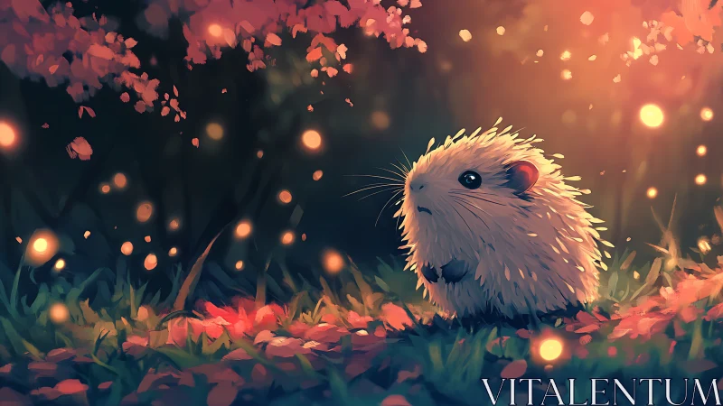 Fluffy forest creature under glowing spring fireflies.