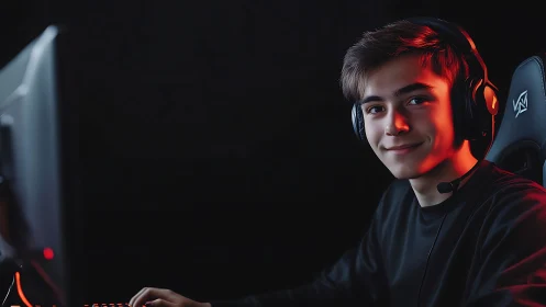 Warm glow of a focused gamer in a cozy night setup.