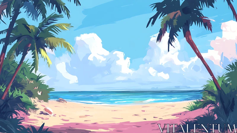 Tropical Beach Seascape with Palm Trees and Clouds