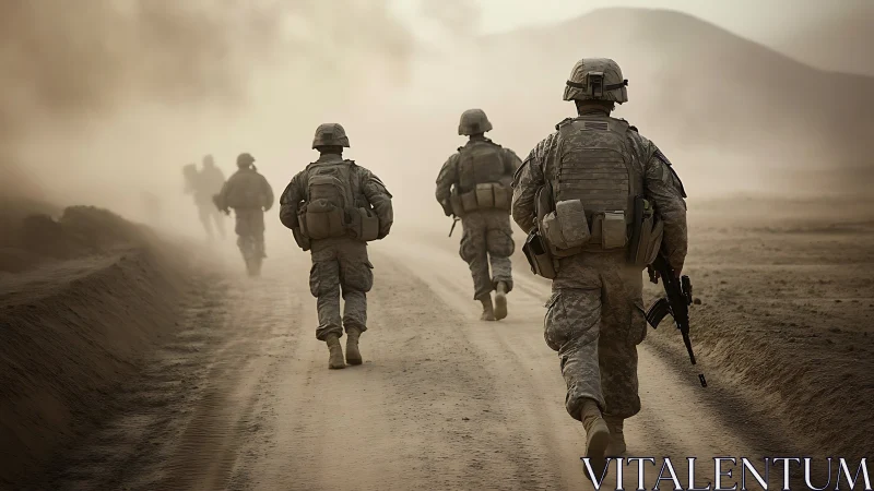 Infantry patrol advancing through aeolian dust corridor under load.